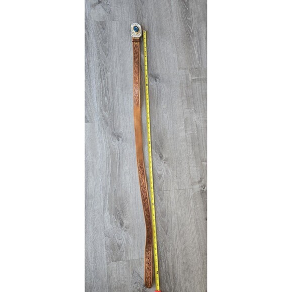 VTG Brass /White Enamel / Blue Stone / Western USA Belt Buckle & Tooled Belt 46 - Picture 6 of 16